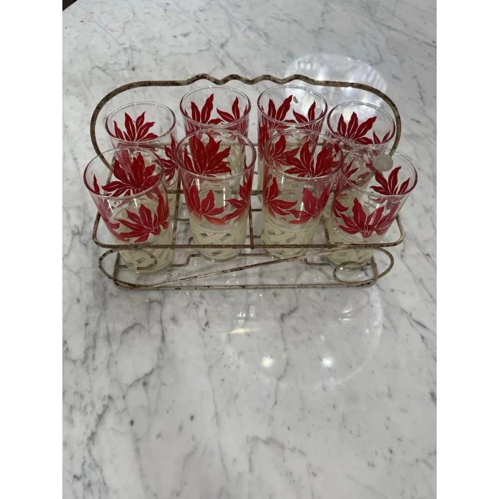 MCM Vintage Federal Beverage Glasses Red Leaves & White Lattice With Caddy RARE - Picture 1 of 6